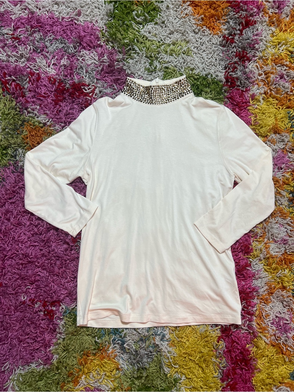 L'AGENCE Cream Long-Sleeve Mock Neck Top with Jeweled Collar